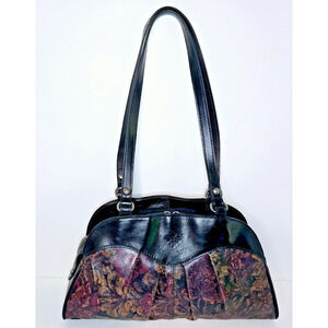 Patricia Nash Macellara Vintage Floral Brocade & Black Leather Oval Satchel Bag